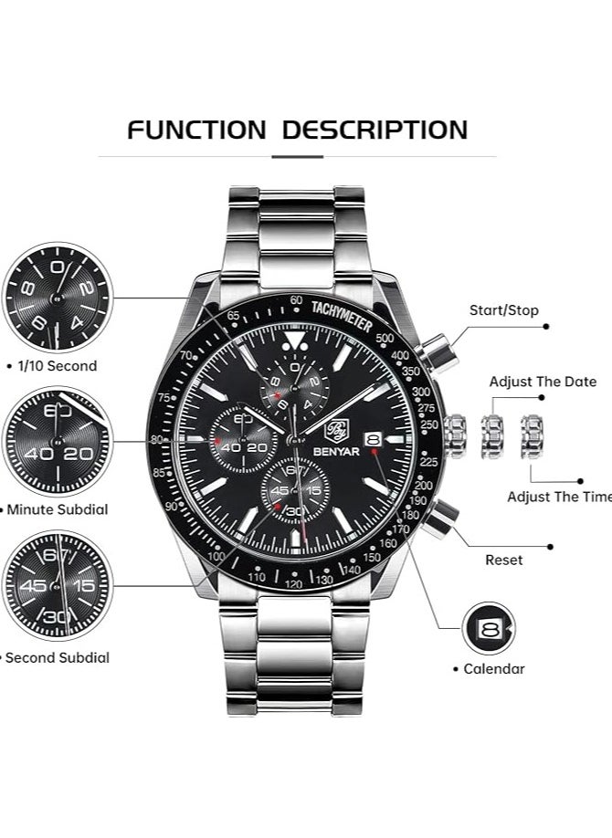 Watches for Men Watch Quartz Luxury Stainless Steel Water Resistant Chronograph Watch 5140