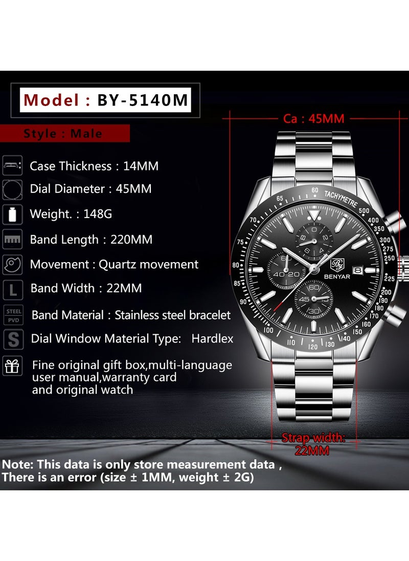 Watches for Men Watch Quartz Luxury Stainless Steel Water Resistant Chronograph Watch 5140