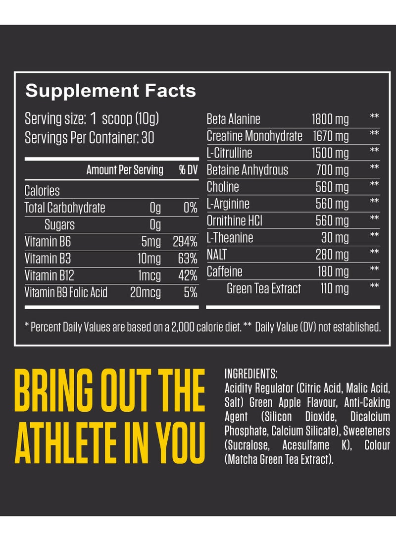 Pre Workout Green Apple Powder Increase Energy Muscle Pump and Anti Fatigue 300 Grams