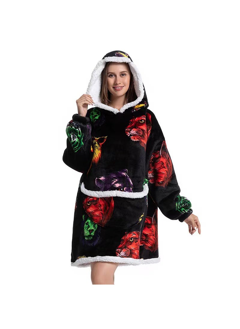 2022 Flannel Thickened Pajamas Lamb Fleece TV Blanket with Hood Cartoon Alpaca compound-adult