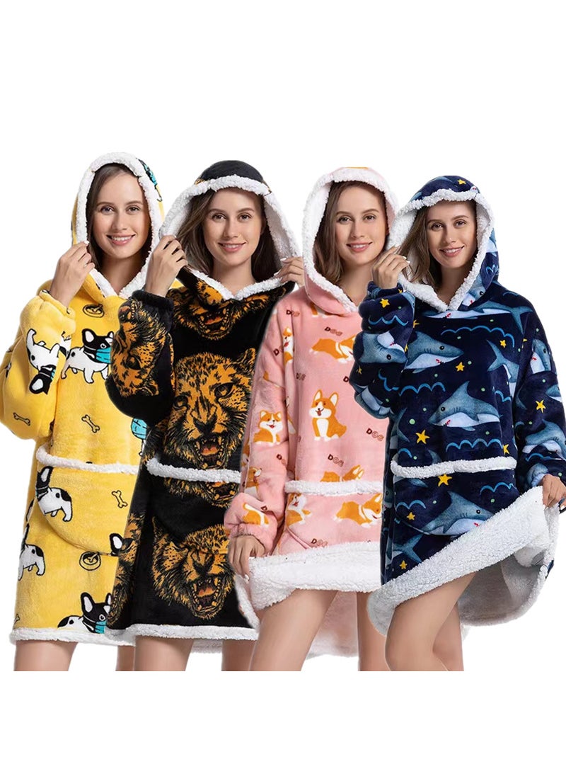 2022 Flannel Thickened Pajamas Lamb Fleece TV Blanket with Hood Cartoon Corgi Compound-Adult