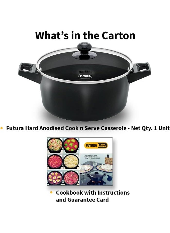 Hawkins Futura 4 Litre Cook N Serve Casserole, Hard Anodised Saucepan with Glass Lid, Black