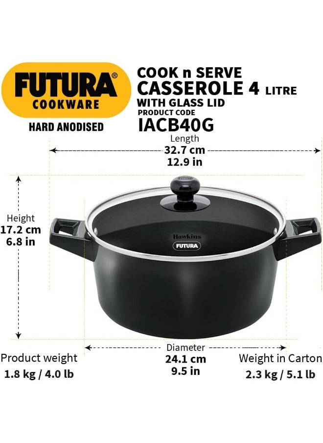 Hawkins Futura 4 Litre Cook N Serve Casserole, Hard Anodised Saucepan with Glass Lid, Black