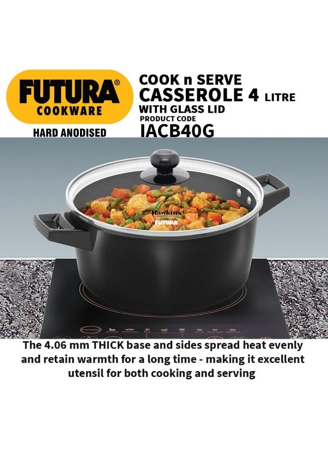 Hawkins Futura 4 Litre Cook N Serve Casserole, Hard Anodised Saucepan with Glass Lid, Black