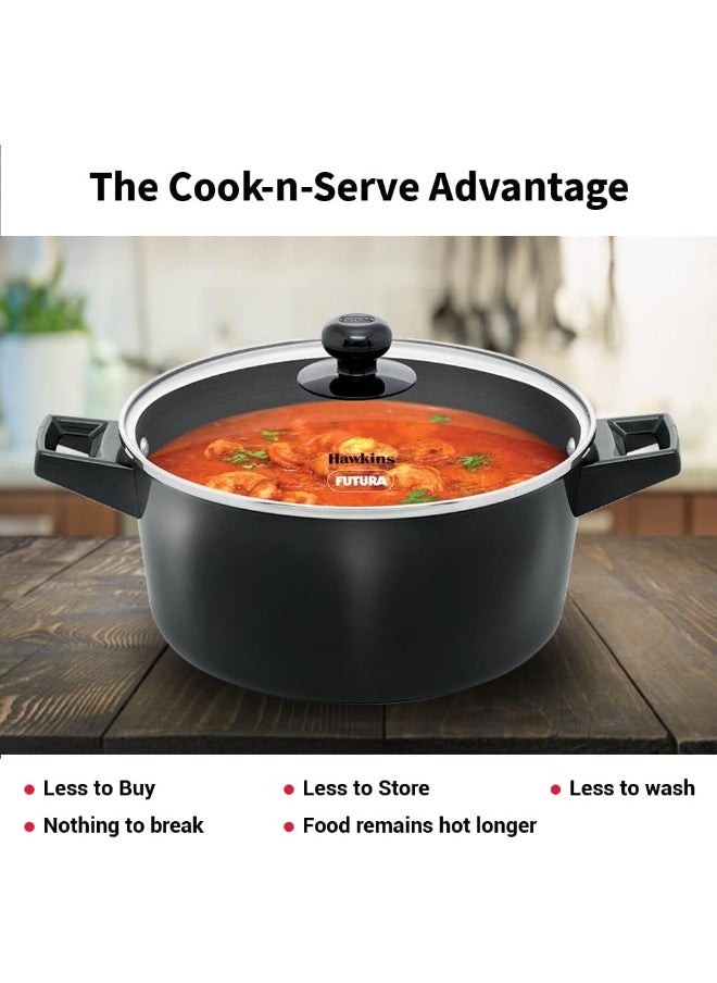 Hawkins Futura 4 Litre Cook N Serve Casserole, Hard Anodised Saucepan with Glass Lid, Black