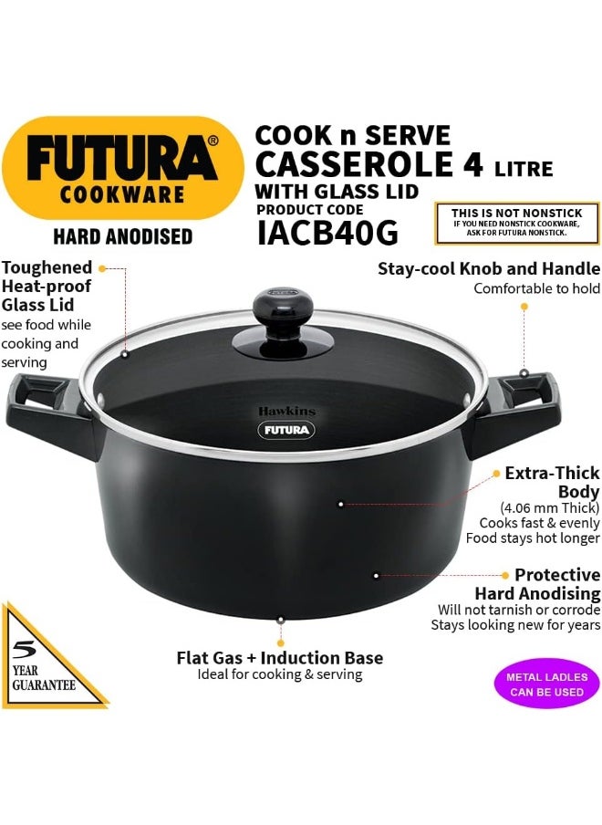 Hawkins Futura 4 Litre Cook N Serve Casserole, Hard Anodised Saucepan with Glass Lid, Black