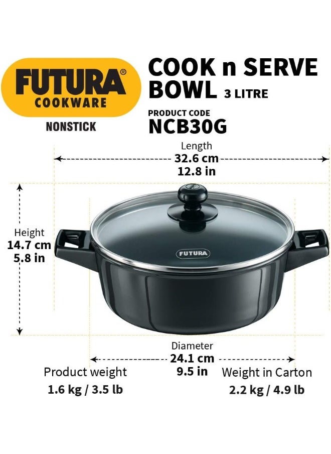 Hawkins Futura Nonstick Cook n Serve Stewpot With Glass Lid, 3 Litres, Black