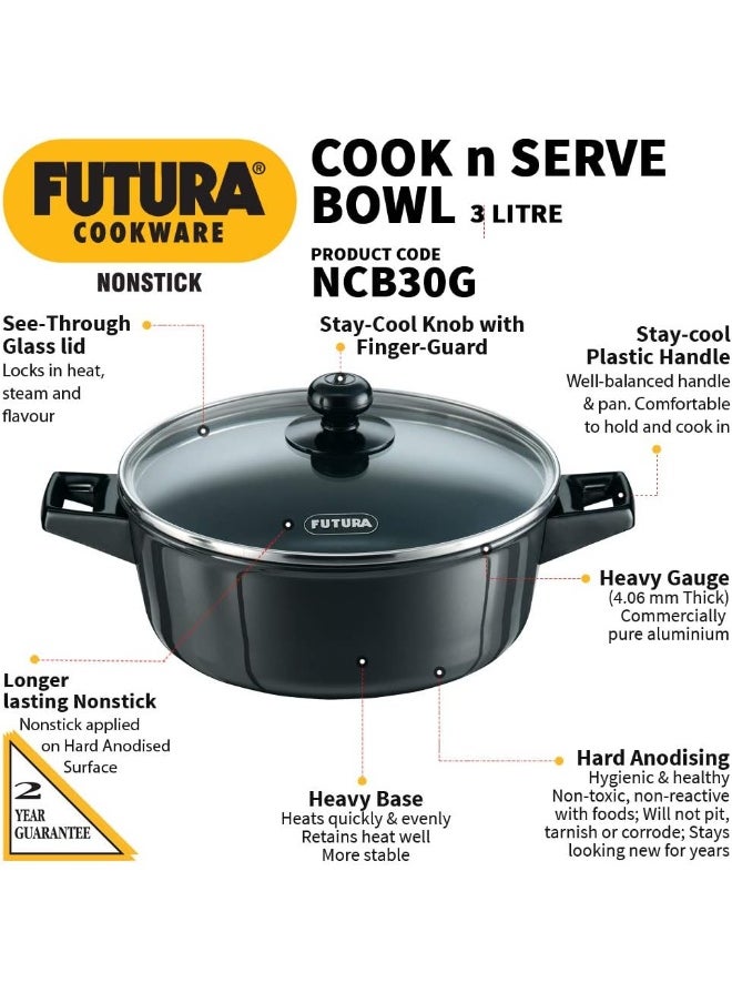 Hawkins Futura Nonstick Cook n Serve Stewpot With Glass Lid, 3 Litres, Black