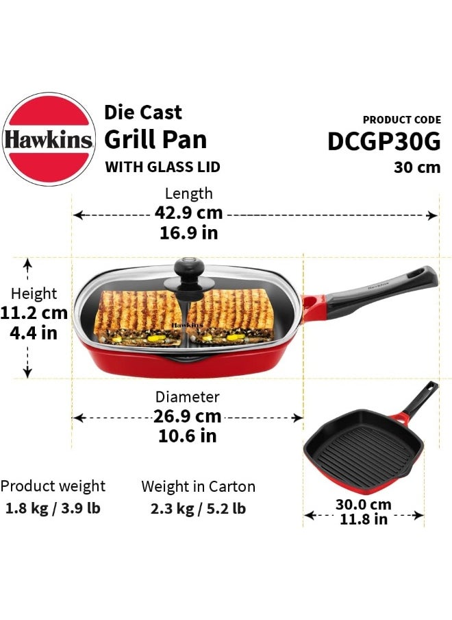 30 Cm Grill Pan,Non Stick Ceramic Coated Grilling Pan With Glass Lid,Red