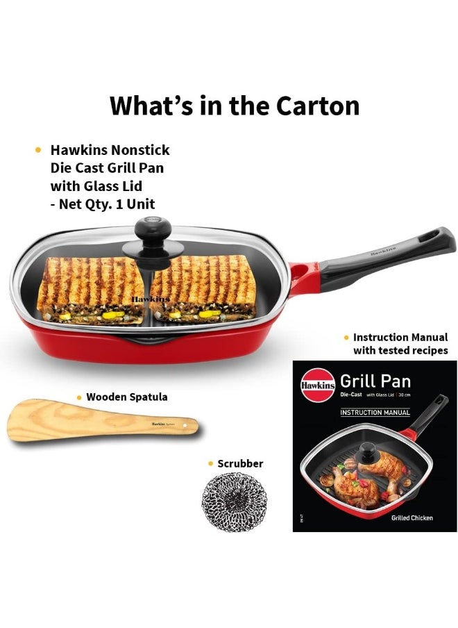 30 Cm Grill Pan,Non Stick Ceramic Coated Grilling Pan With Glass Lid,Red