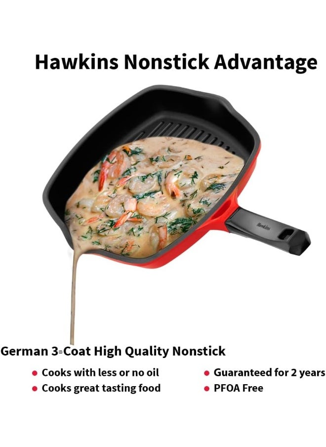 30 Cm Grill Pan,Non Stick Ceramic Coated Grilling Pan With Glass Lid,Red