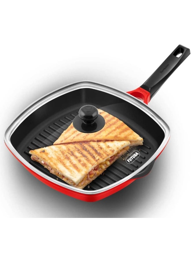30 Cm Grill Pan,Non Stick Ceramic Coated Grilling Pan With Glass Lid,Red