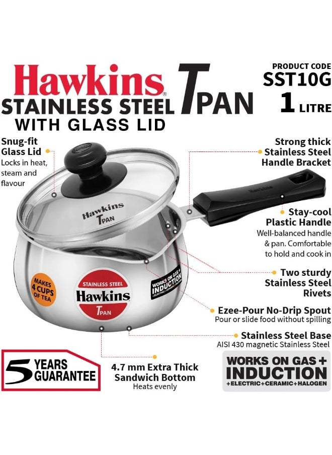 1 Liter Stainless Steel Saucepan/Tpan With Glass Lid,Induction Compatible,Silver