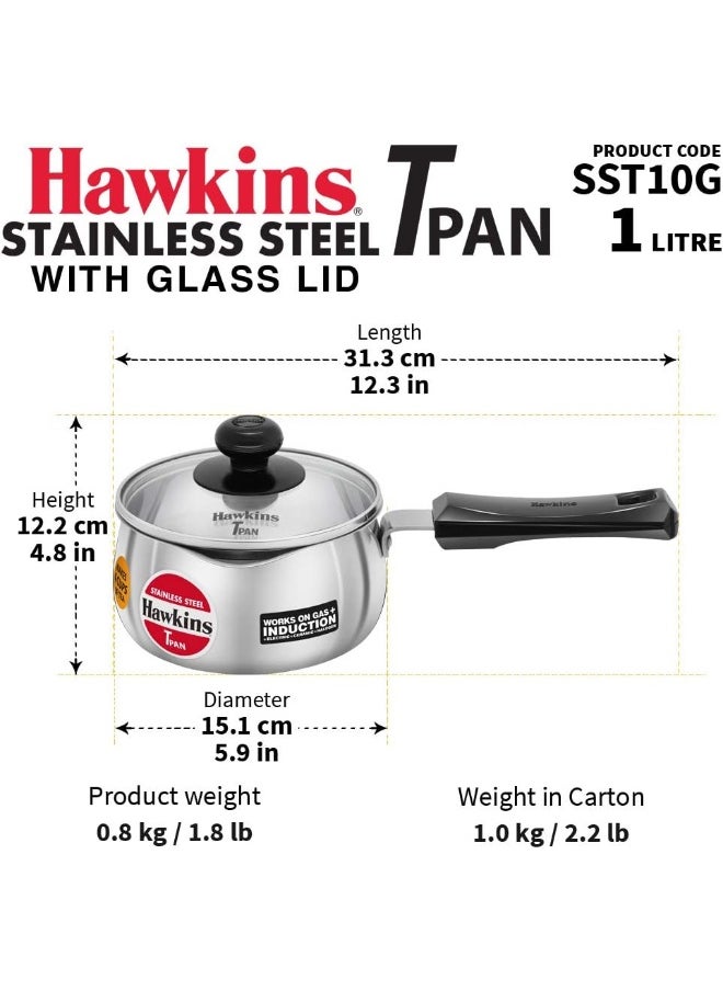 1 Liter Stainless Steel Saucepan/Tpan With Glass Lid,Induction Compatible,Silver
