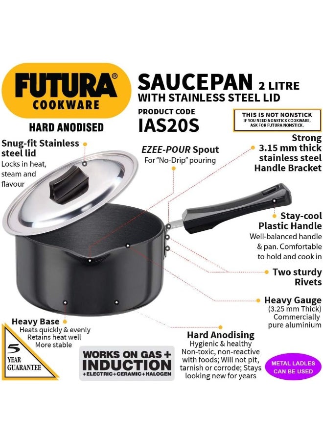 HAWKINS Futura Hard Anodised Saucepan With Steel LID and Induction Compatible Base, 3.25mm Thick, Black, 2 Litres, IS21