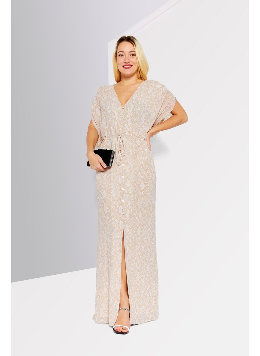 Women All Over Print Maxi Dress, Beige