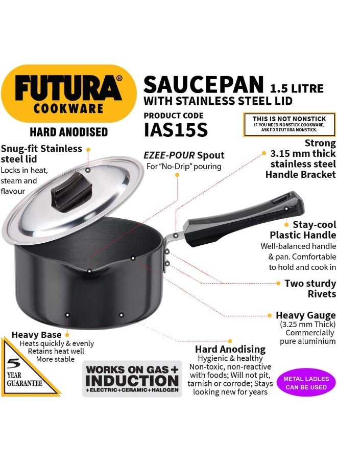 1.5 Liters Futura Hard Anodised Aluminium Saucepan With Lid,Induction Compatible,Silver