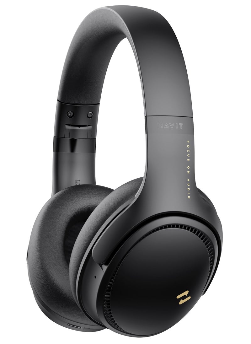 Bluetooth Headphones Over Ear, Active Noise Cancelling Wireless 5.3V Headphones, 50H Playtime, HiFi Stereo Headphones Wireless, Soft Ear Pad, Built-In Mic, Foldable Headphones for Phone/PC- Black