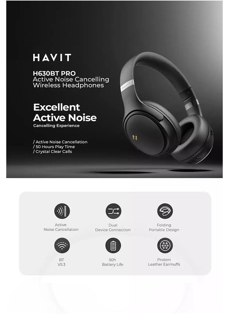 Bluetooth Headphones Over Ear, Active Noise Cancelling Wireless 5.3V Headphones, 50H Playtime, HiFi Stereo Headphones Wireless, Soft Ear Pad, Built-In Mic, Foldable Headphones for Phone/PC- Black