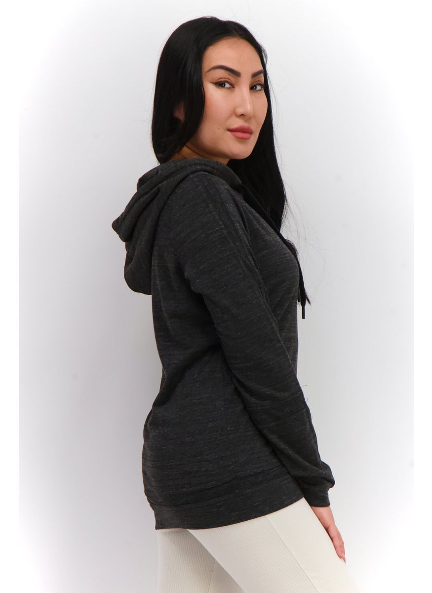 Women Hooded Long Sleeve Heather Sweatshirt, Charcoal
