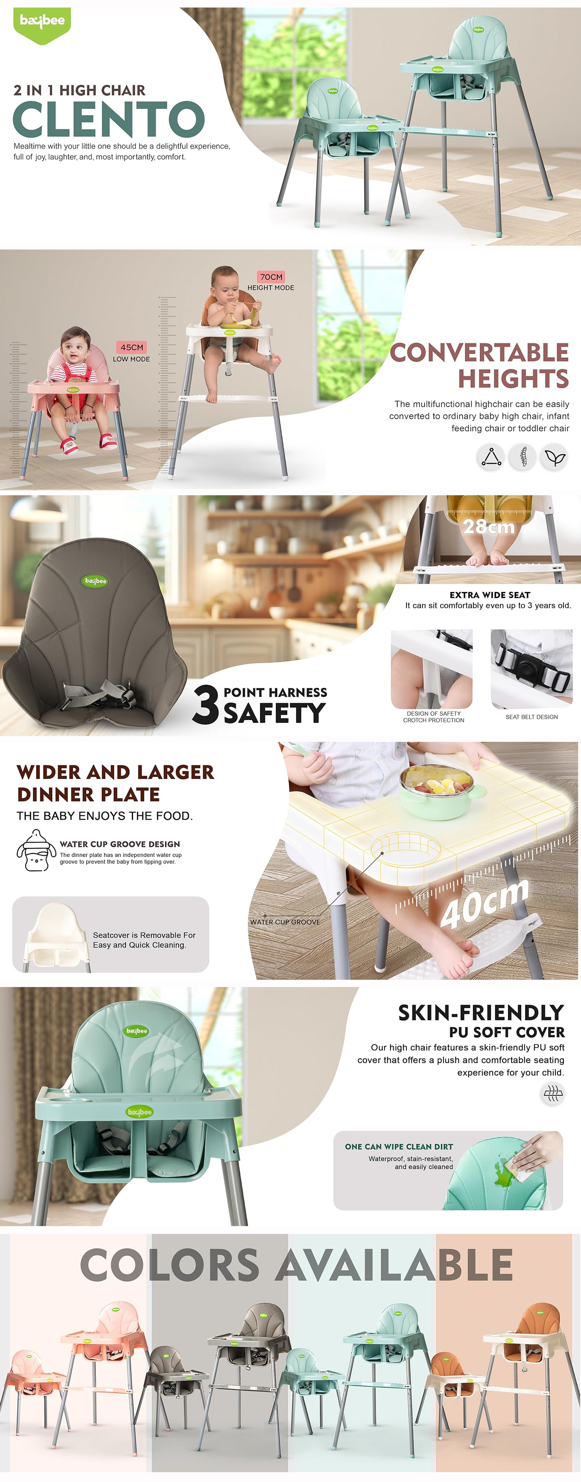 2 in 1 Clento Baby High Chair for Kids, Baby Feeding Chair With 2 Height Adjustable, Footrest, Tray, Stand, 3 Point Safety Belt, Kids High Chair For Baby 6 Months To 3 Years - Grey