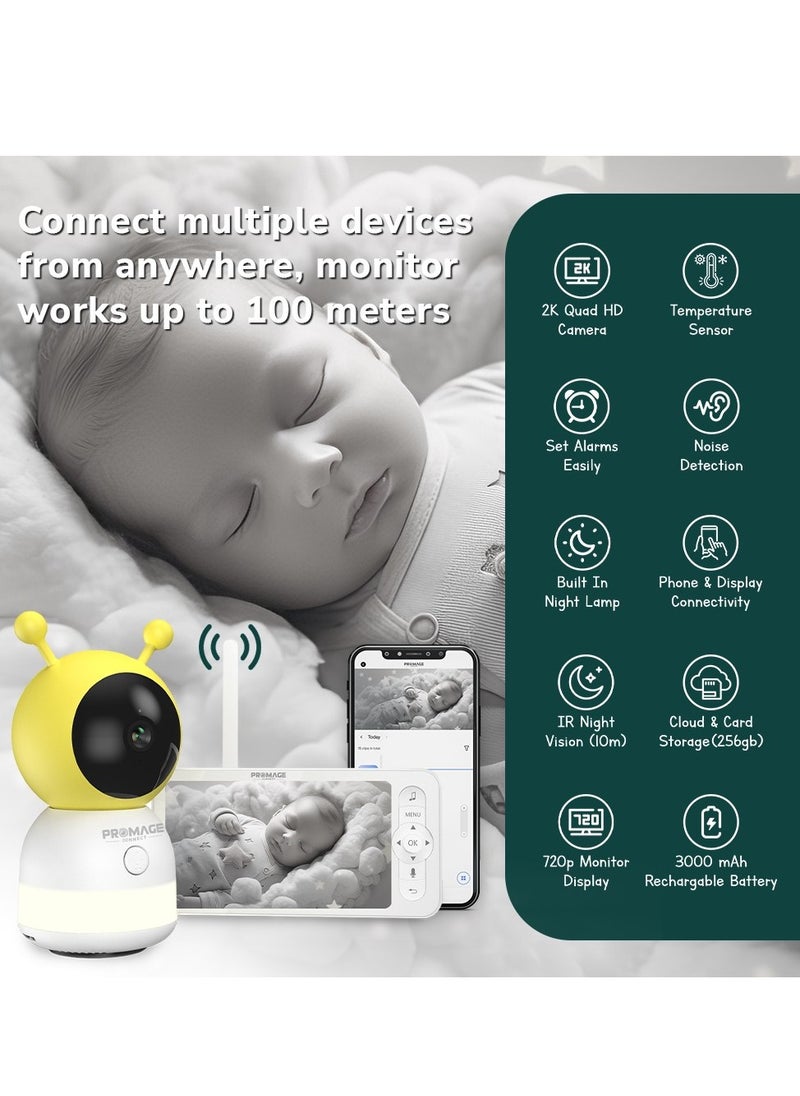 Promage Connect Smart Baby Monitor Camera with PTZ, Night Vision, Motion Tracking, Cry Detection, 2-Way Audio, Sleep Tracking, and Cloud Storage