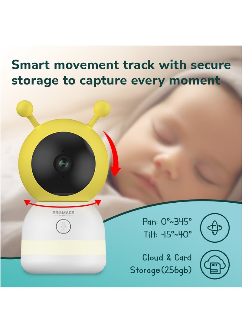 Promage Connect Smart Baby Monitor Camera with PTZ, Night Vision, Motion Tracking, Cry Detection, 2-Way Audio, Sleep Tracking, and Cloud Storage