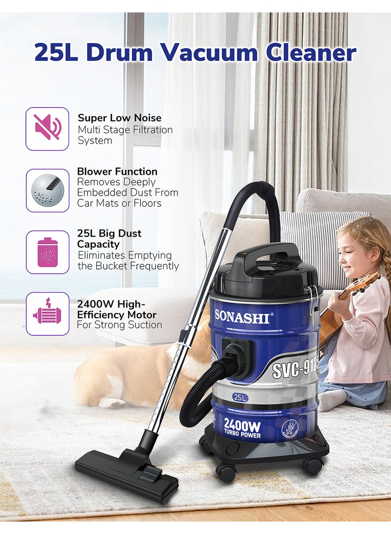 Drum Vacuum Cleaner with 25L Dust Capacity | Strong Suction with Low Noise | Multi-Stage Filtration with Dust Full Indicator | Wheel Base for Easy Use | For Home & Offices 25 L 2400 W SVC-9125D Blue