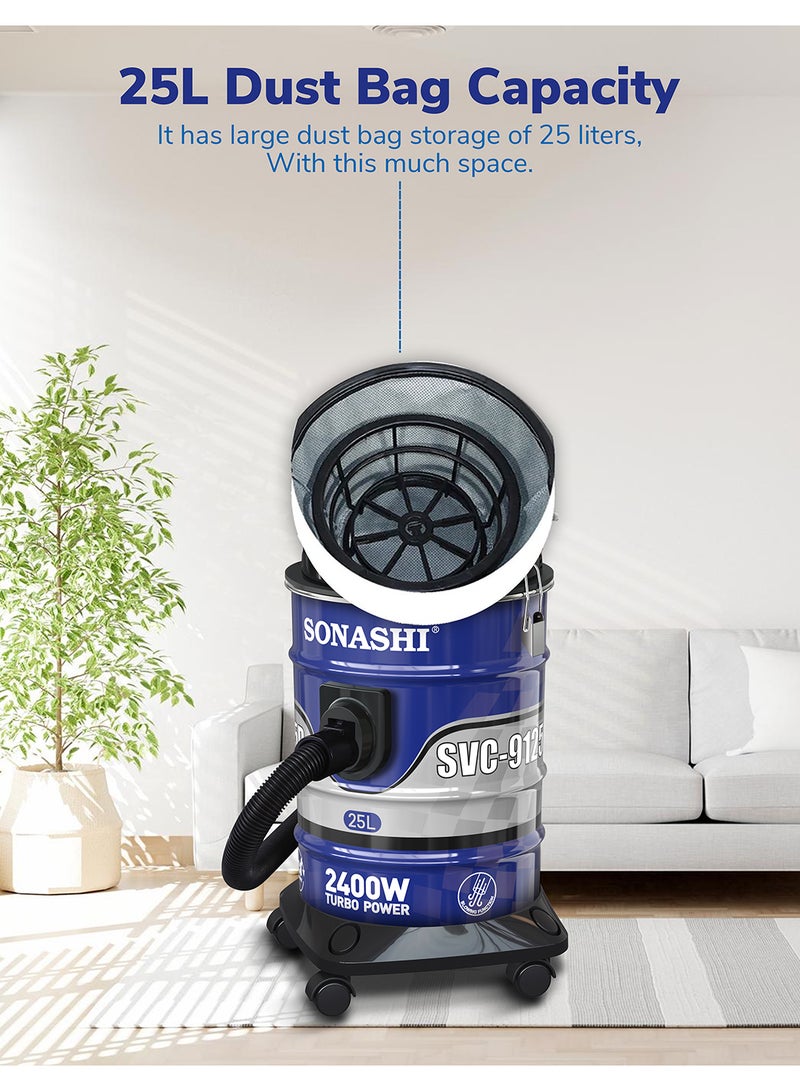 Drum Vacuum Cleaner with 25L Dust Capacity | Strong Suction with Low Noise | Multi-Stage Filtration with Dust Full Indicator | Wheel Base for Easy Use | For Home & Offices 25 L 2400 W SVC-9125D Blue