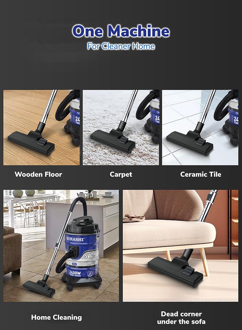 Drum Vacuum Cleaner with 25L Dust Capacity | Strong Suction with Low Noise | Multi-Stage Filtration with Dust Full Indicator | Wheel Base for Easy Use | For Home & Offices 25 L 2400 W SVC-9125D Blue