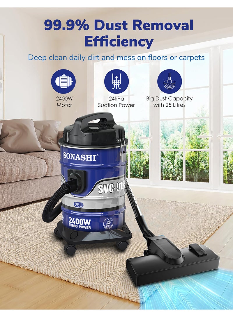 Drum Vacuum Cleaner with 25L Dust Capacity | Strong Suction with Low Noise | Multi-Stage Filtration with Dust Full Indicator | Wheel Base for Easy Use | For Home & Offices 25 L 2400 W SVC-9125D Blue