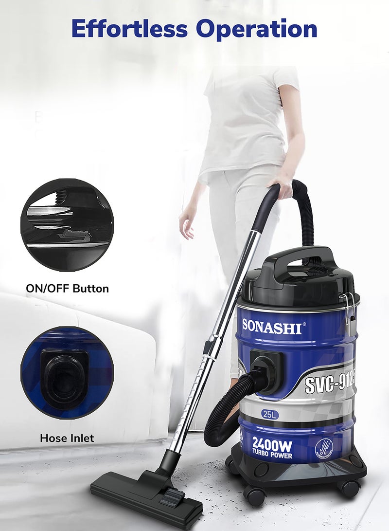 Drum Vacuum Cleaner with 25L Dust Capacity | Strong Suction with Low Noise | Multi-Stage Filtration with Dust Full Indicator | Wheel Base for Easy Use | For Home & Offices 25 L 2400 W SVC-9125D Blue