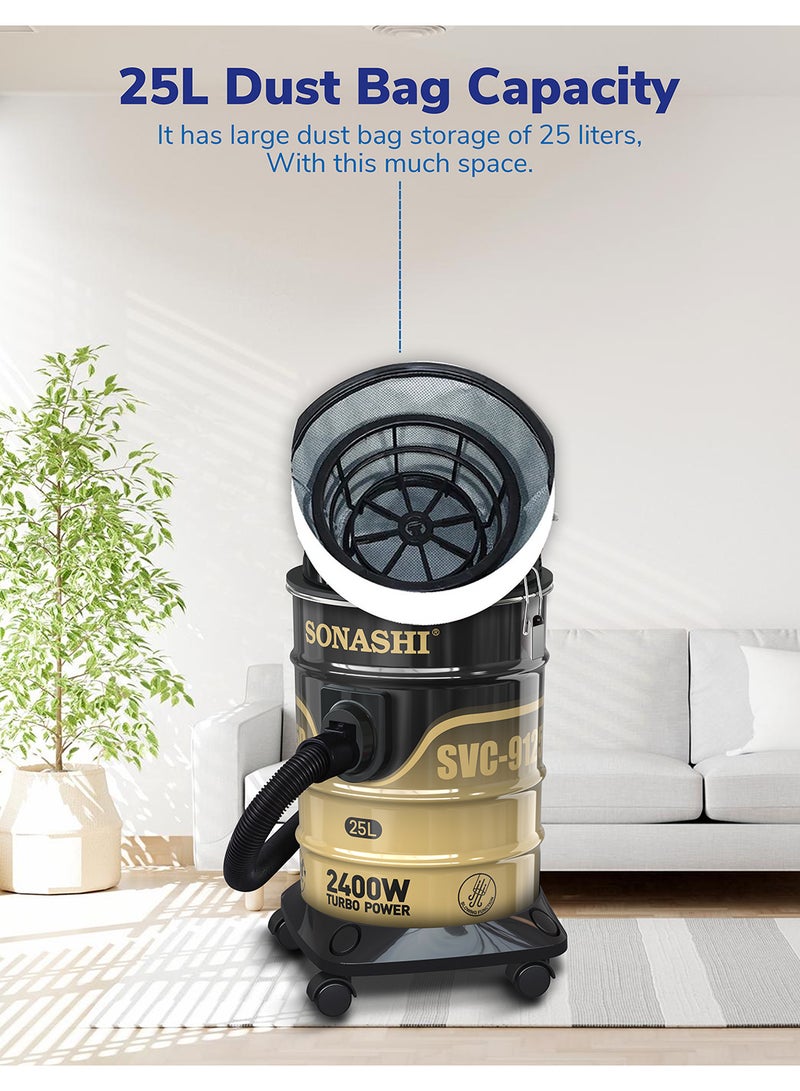 Drum Vacuum Cleaner with 25L Dust Capacity | Strong Suction with Low Noise | Multi-Stage Filtration with Dust Full Indicator | Wheel Base for Easy Use | For Home & Offices 25 L 2400 W SVC-9125D Black