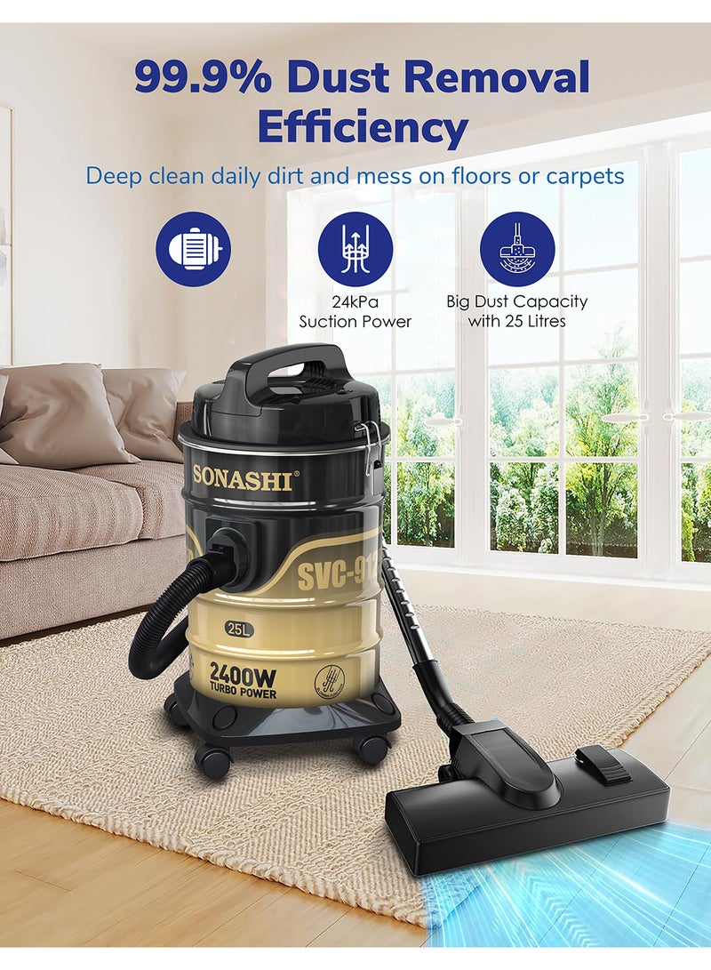 Drum Vacuum Cleaner with 25L Dust Capacity | Strong Suction with Low Noise | Multi-Stage Filtration with Dust Full Indicator | Wheel Base for Easy Use | For Home & Offices 25 L 2400 W SVC-9125D Black