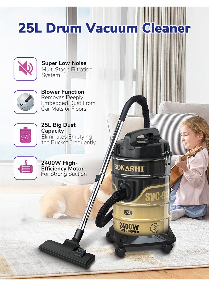 Drum Vacuum Cleaner with 25L Dust Capacity | Strong Suction with Low Noise | Multi-Stage Filtration with Dust Full Indicator | Wheel Base for Easy Use | For Home & Offices 25 L 2400 W SVC-9125D Black