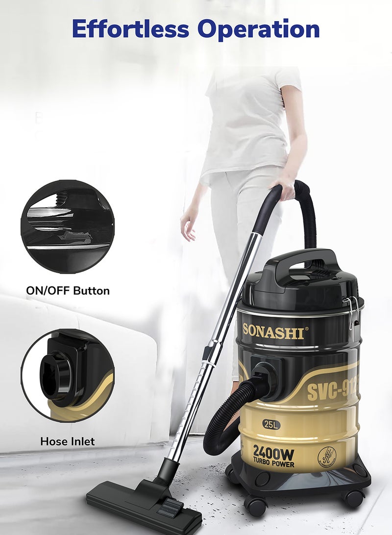 Drum Vacuum Cleaner with 25L Dust Capacity | Strong Suction with Low Noise | Multi-Stage Filtration with Dust Full Indicator | Wheel Base for Easy Use | For Home & Offices 25 L 2400 W SVC-9125D Black