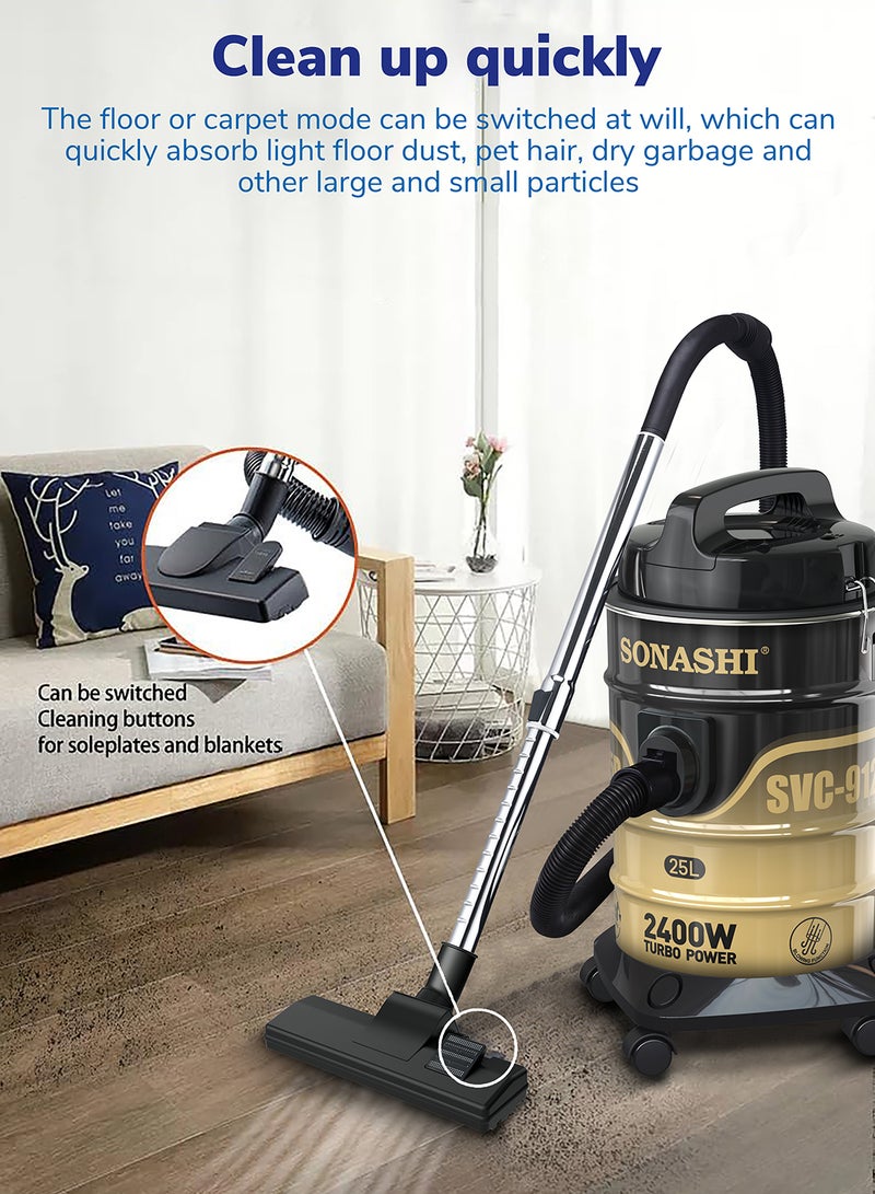 Drum Vacuum Cleaner with 25L Dust Capacity | Strong Suction with Low Noise | Multi-Stage Filtration with Dust Full Indicator | Wheel Base for Easy Use | For Home & Offices 25 L 2400 W SVC-9125D Black