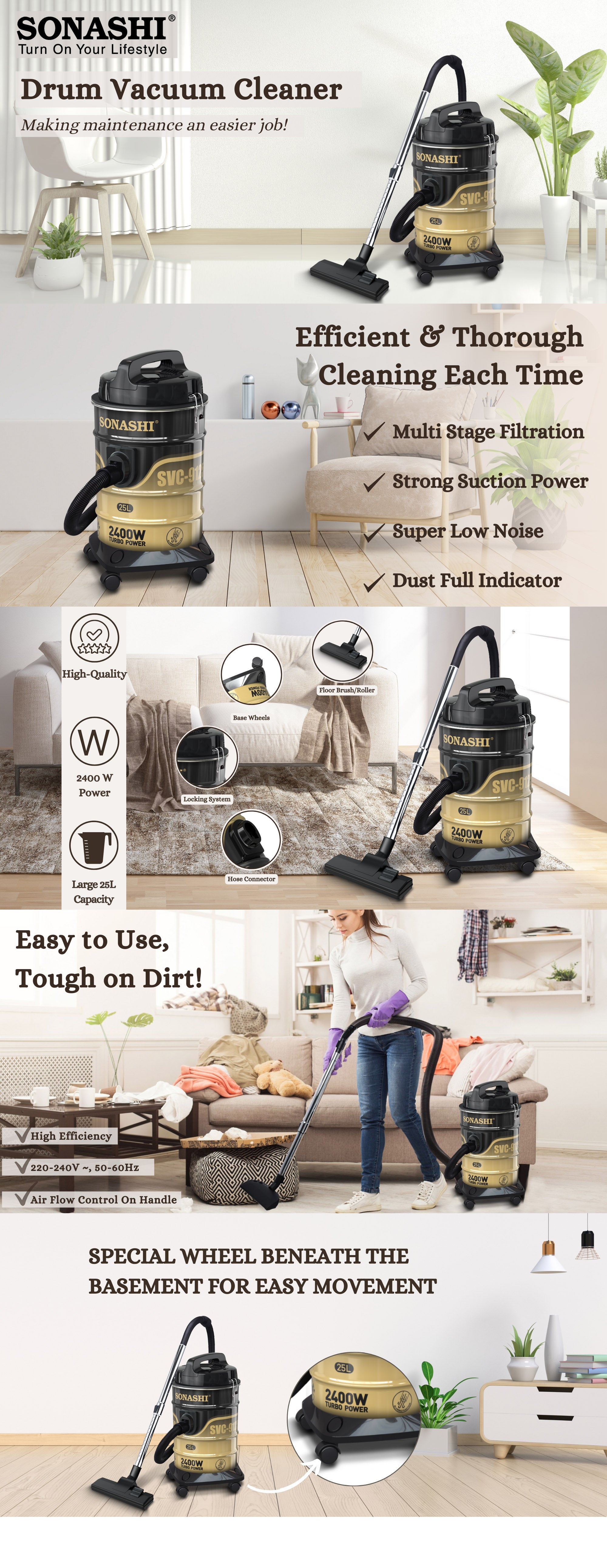 Drum Vacuum Cleaner with 25L Dust Capacity | Strong Suction with Low Noise | Multi-Stage Filtration with Dust Full Indicator | Wheel Base for Easy Use | For Home & Offices 25 L 2400 W SVC-9125D Black