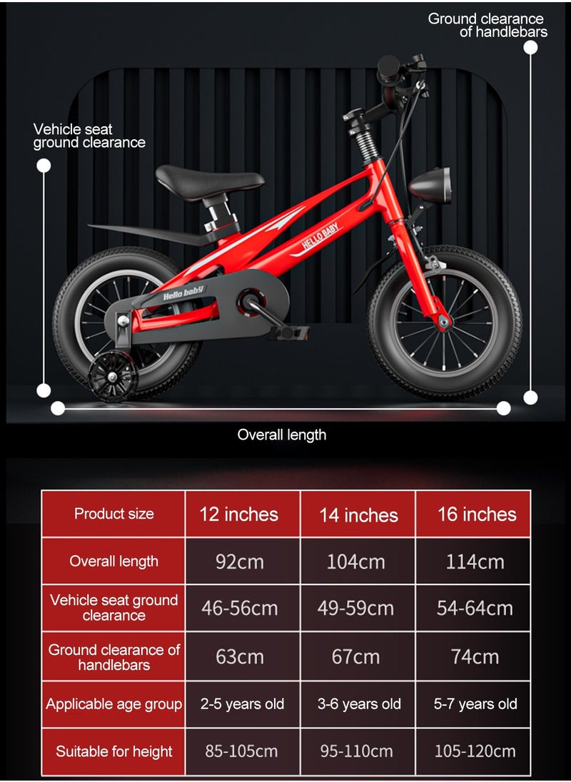14 inch Bicycle for Kids, Lightweight Magnesium Alloy Kids Bicycle, with Flashing Training Wheels, Adjustable Seat and Headlight, for Children 2-7 Year Boys and Girls