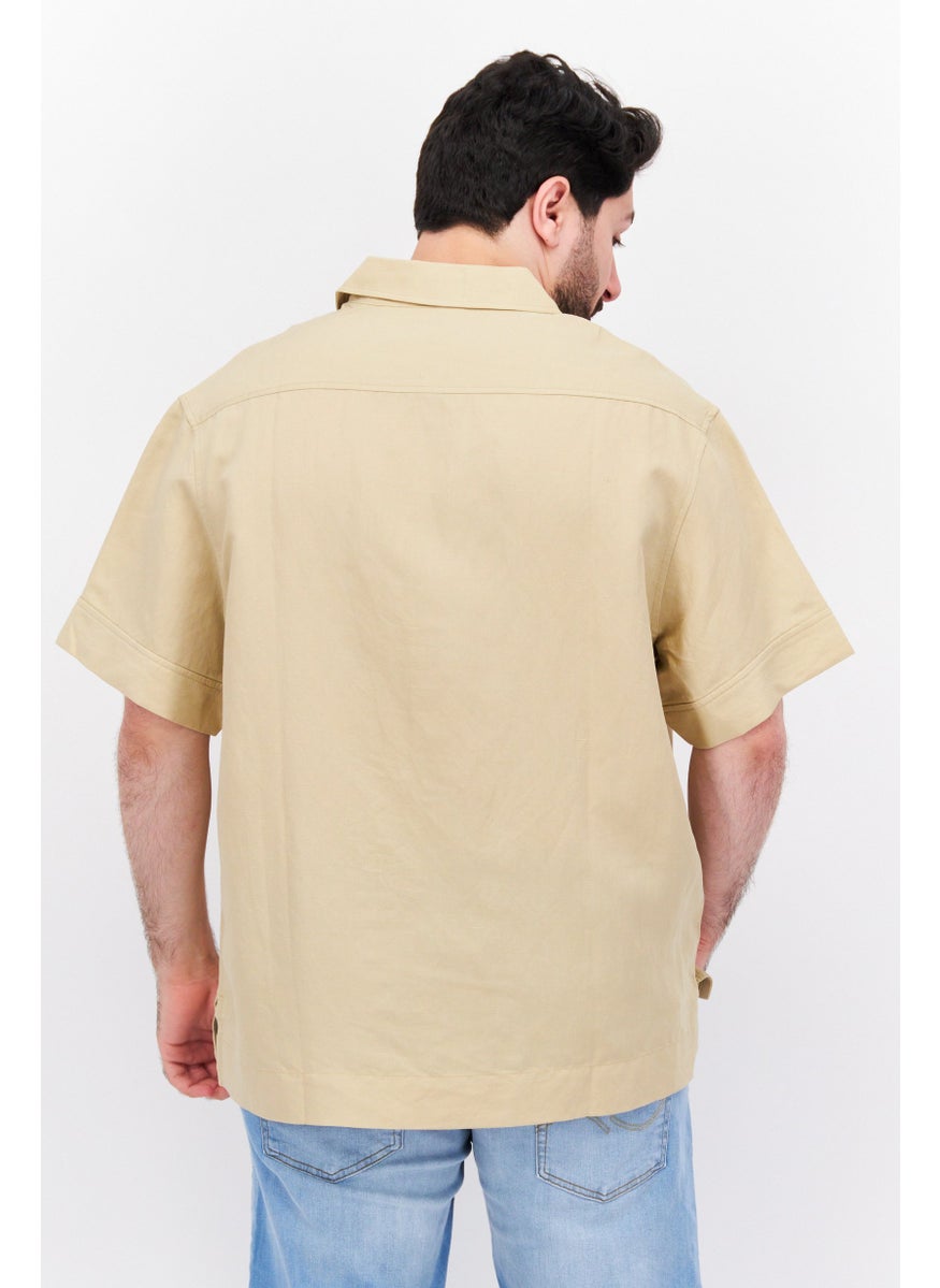 Men Pointed Collar Short Sleeve Plain Casual Shirt, Beige