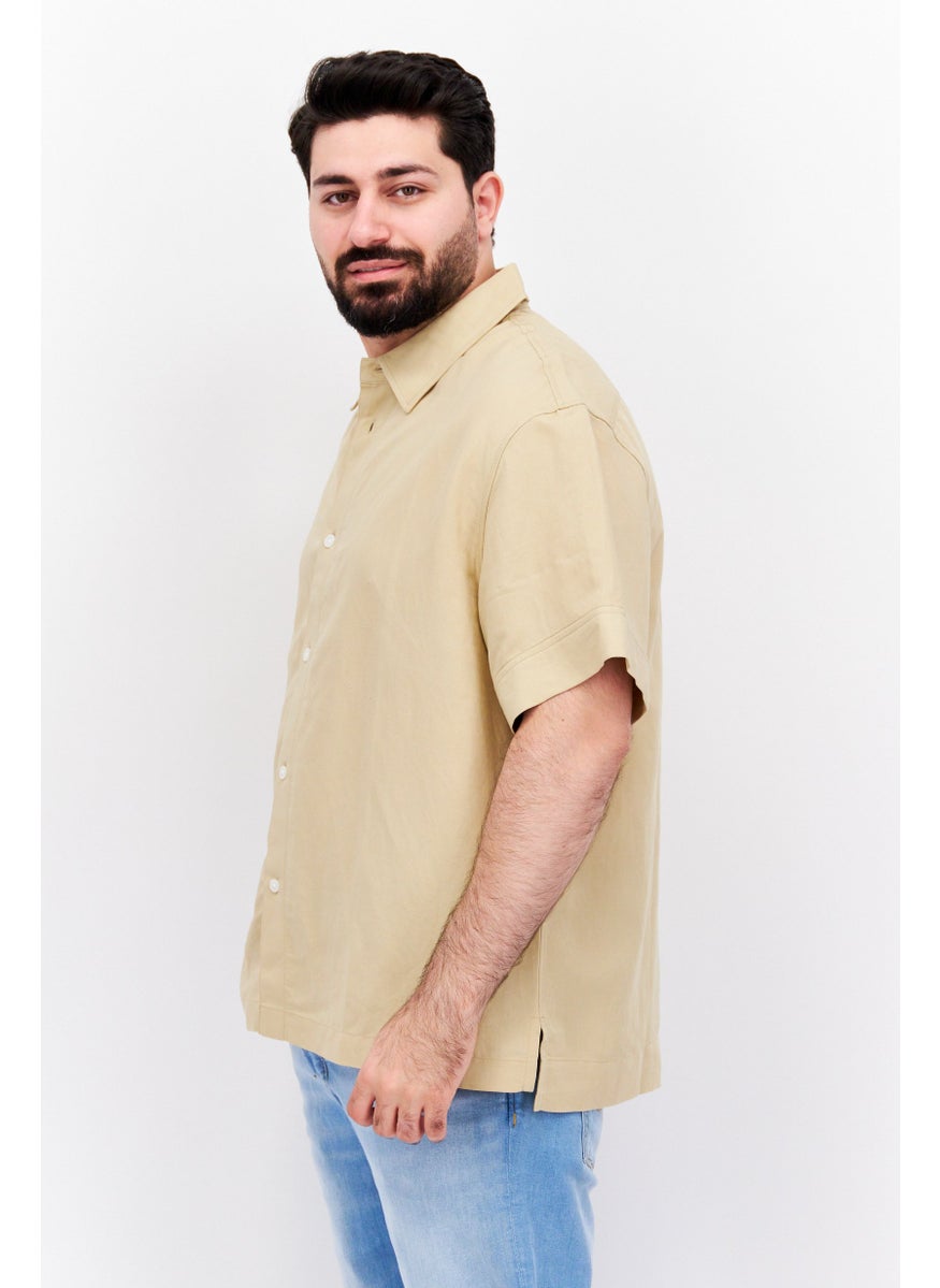 Men Pointed Collar Short Sleeve Plain Casual Shirt, Beige