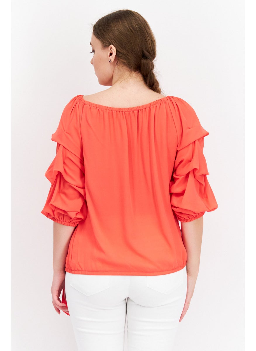 Women Boat Neck Long Sleeve Solid Top, Coral