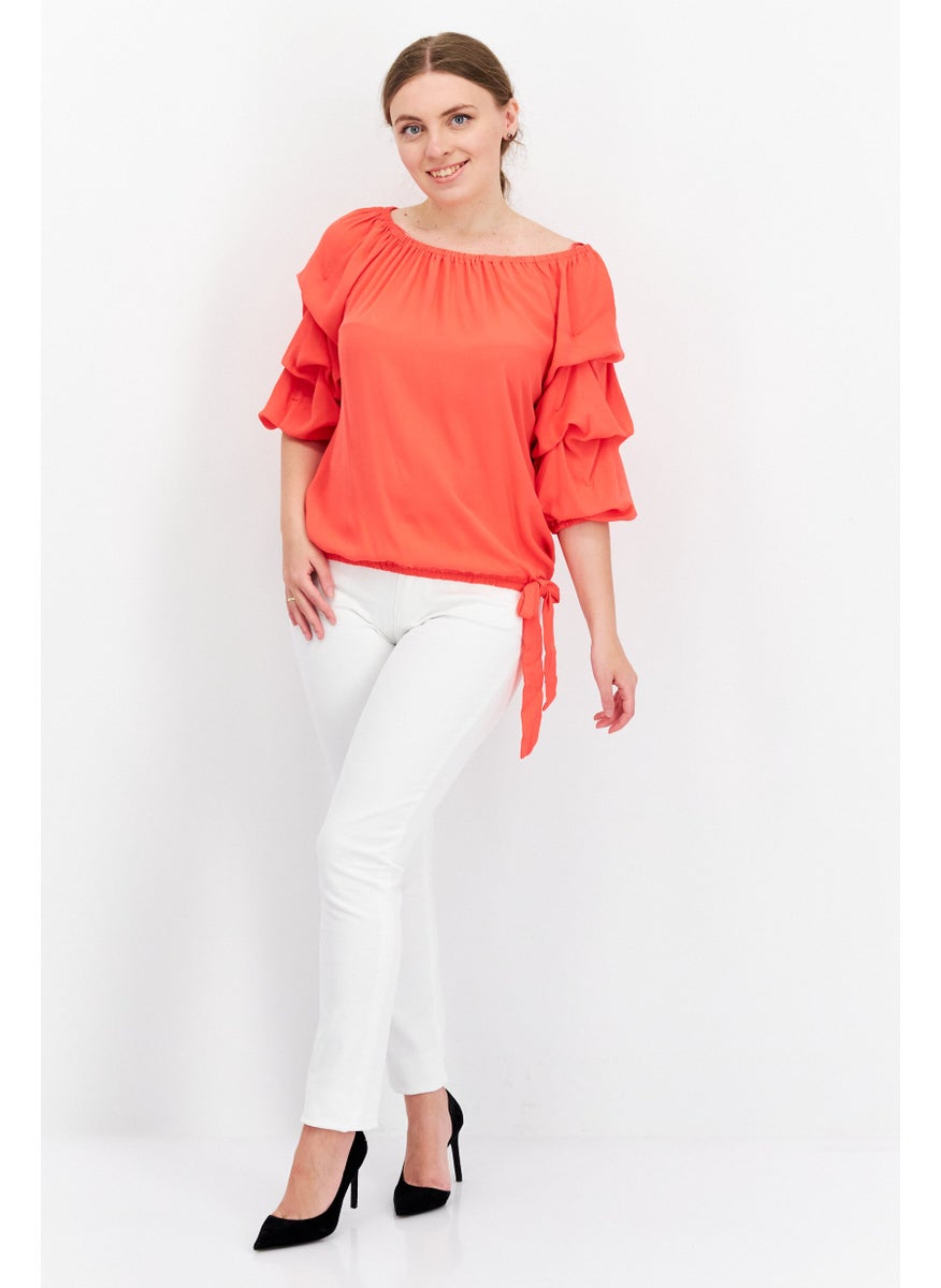 Women Boat Neck Long Sleeve Solid Top, Coral