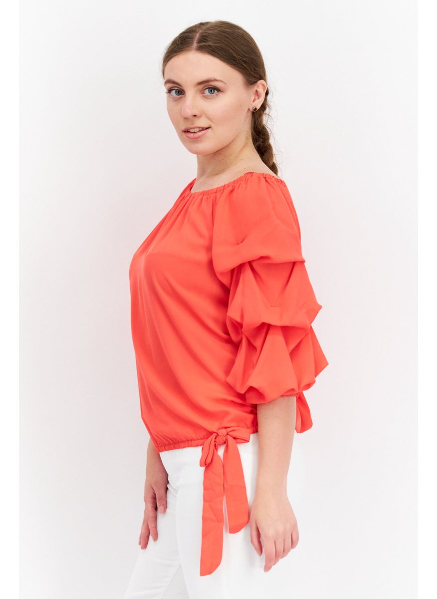 Women Boat Neck Long Sleeve Solid Top, Coral