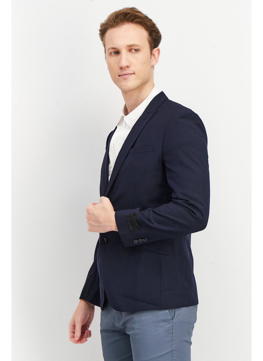 Men Regular Fit Textured Casual Blazer, Navy Blue