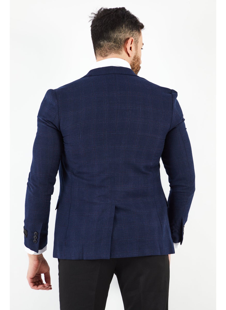 Men Slim Fit Windowpane Blazer, Midnight Blue