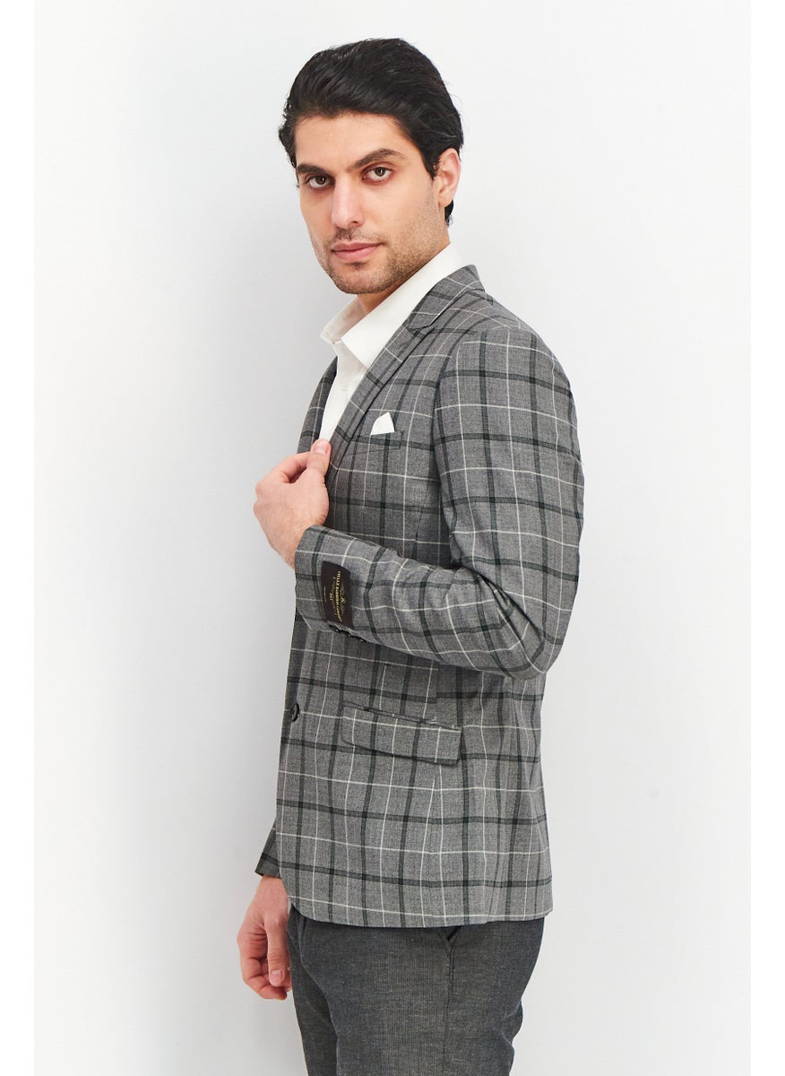 Men Regular Fit Plaid Casual Blazer, Grey