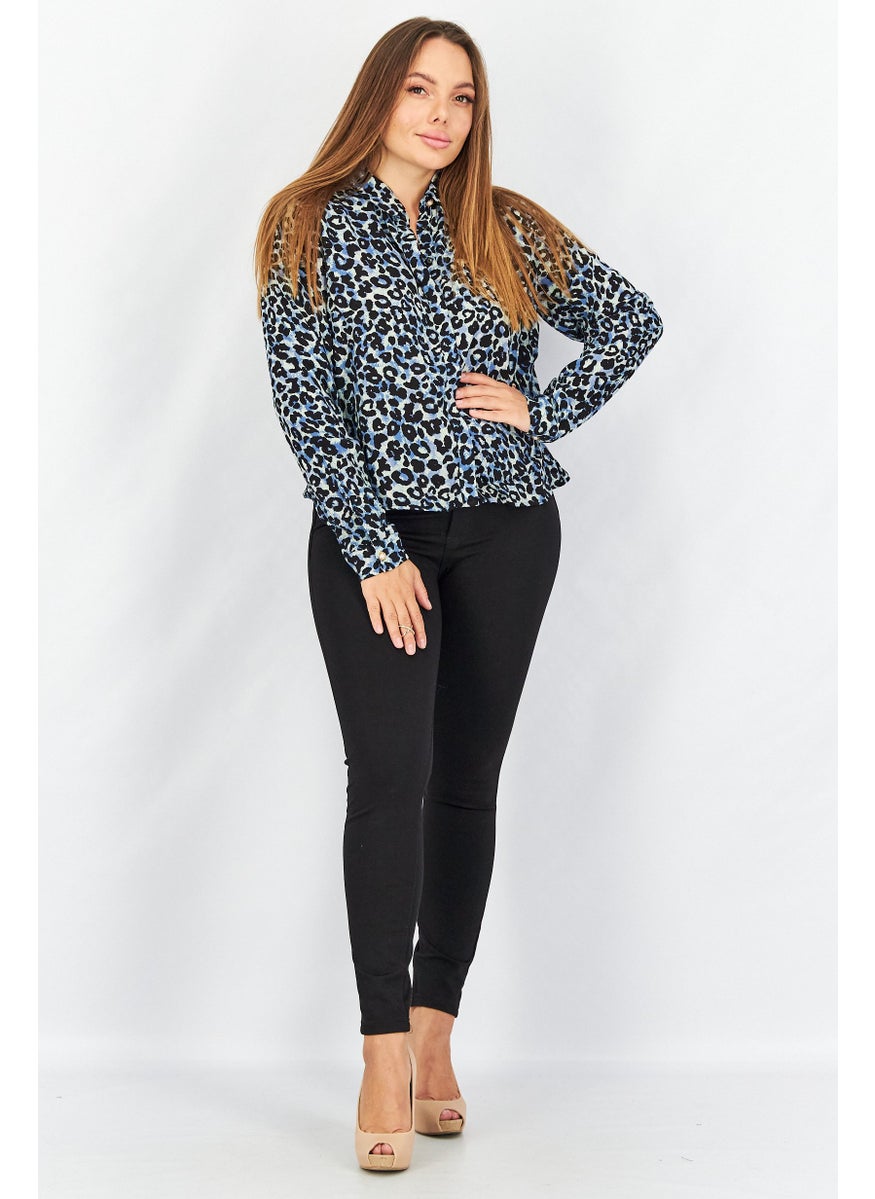 Women Spread Collar Long Sleeves Printed Blouse, Blue