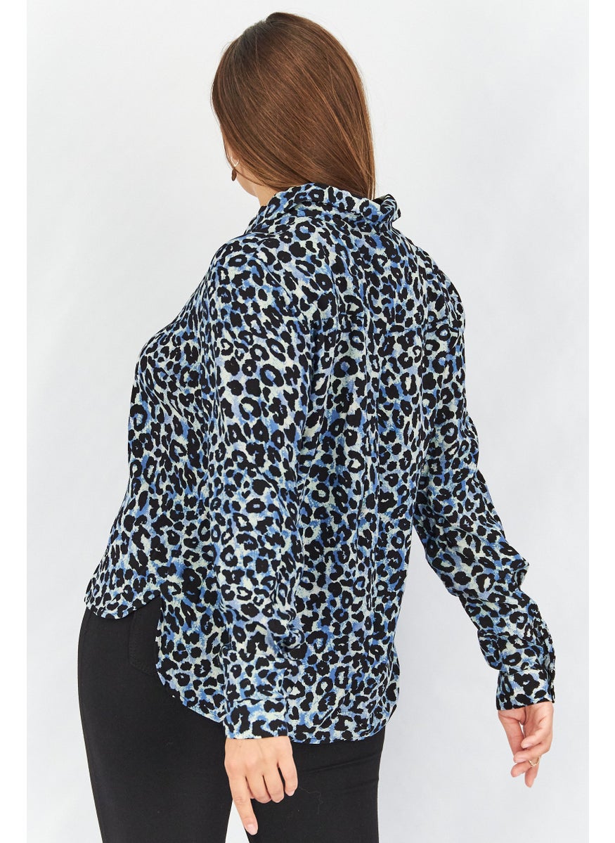 Women Spread Collar Long Sleeves Printed Blouse, Blue
