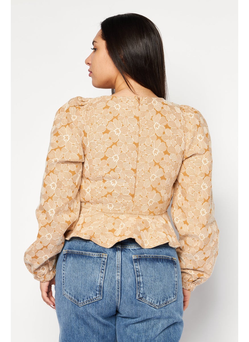 Women Square Neck Long Sleeves Floral Patten Blouse, Brown